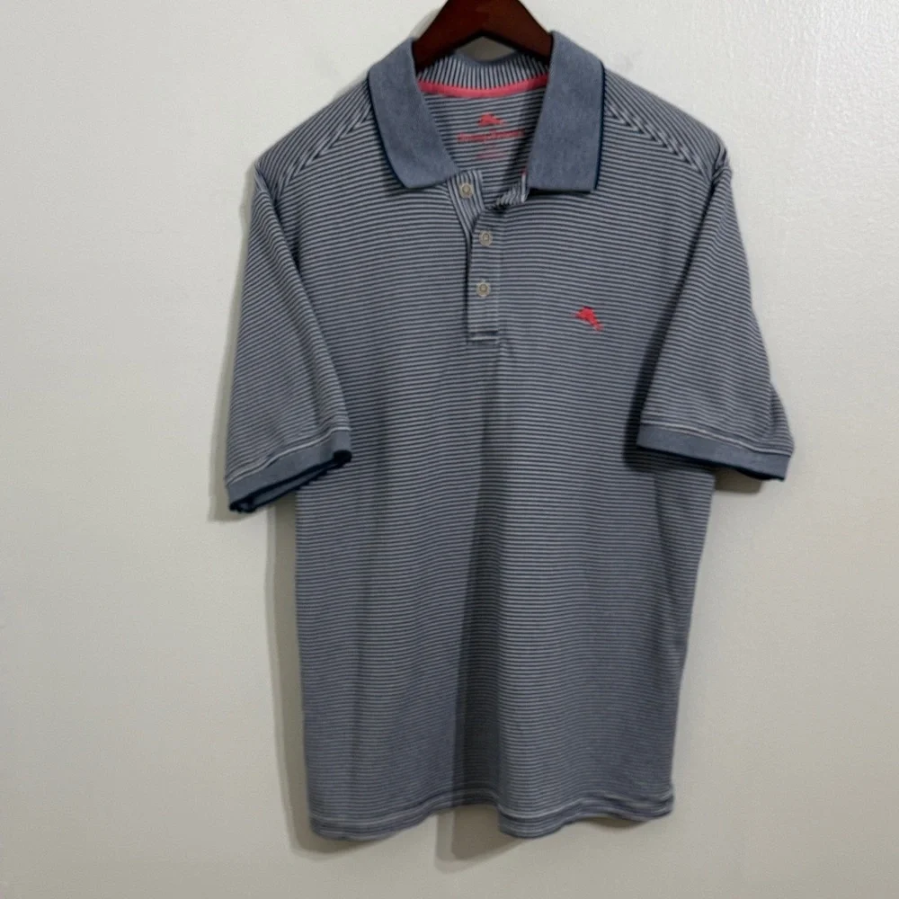 TOMMY BAHAMA Polo Shirt Mens Large Blue White Stripe Business Coastal Adult